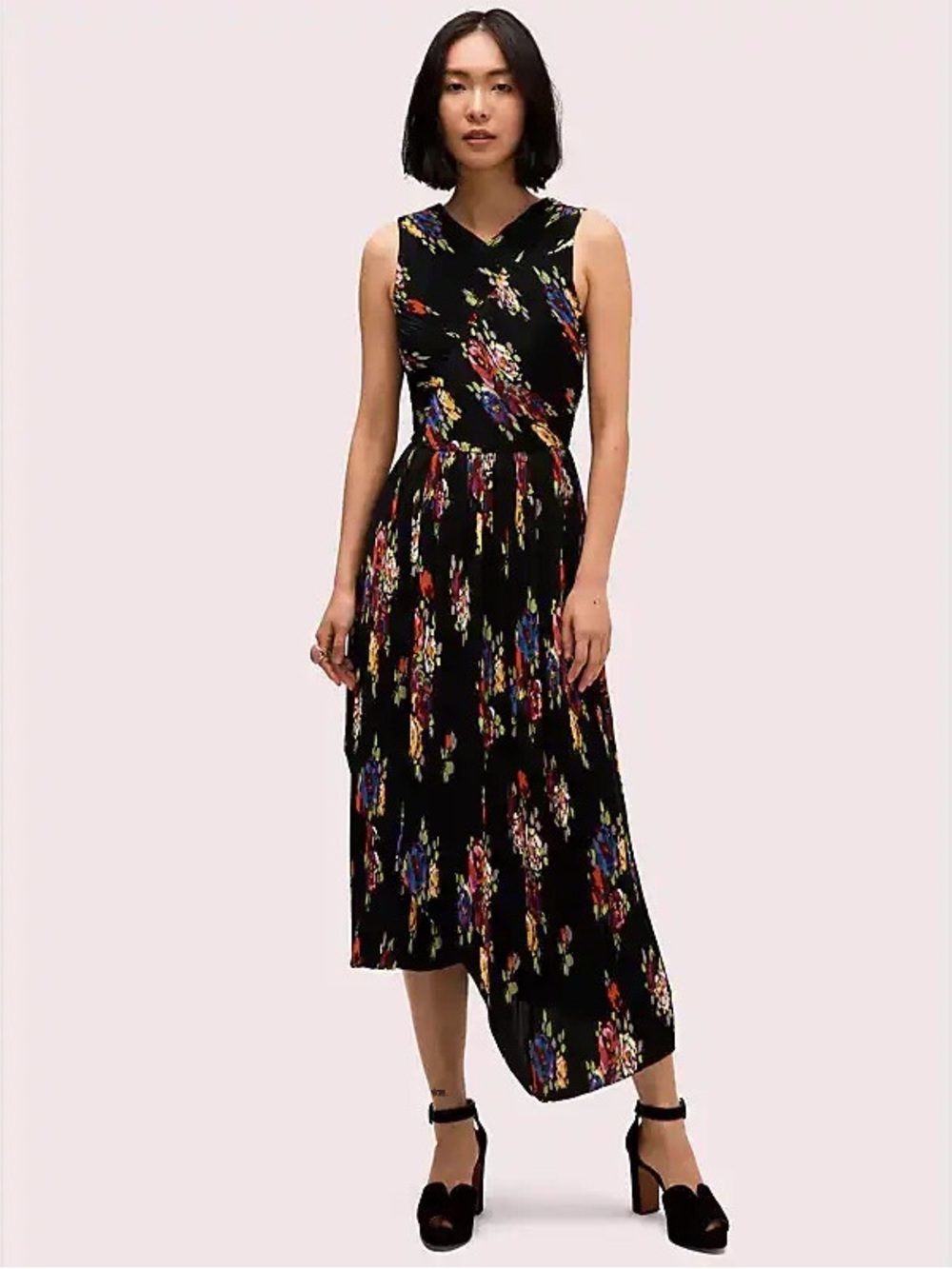 Kate Spade Rare Roses Pleated Midi Dress Floral Asymmetrical Hem Size 0 $698